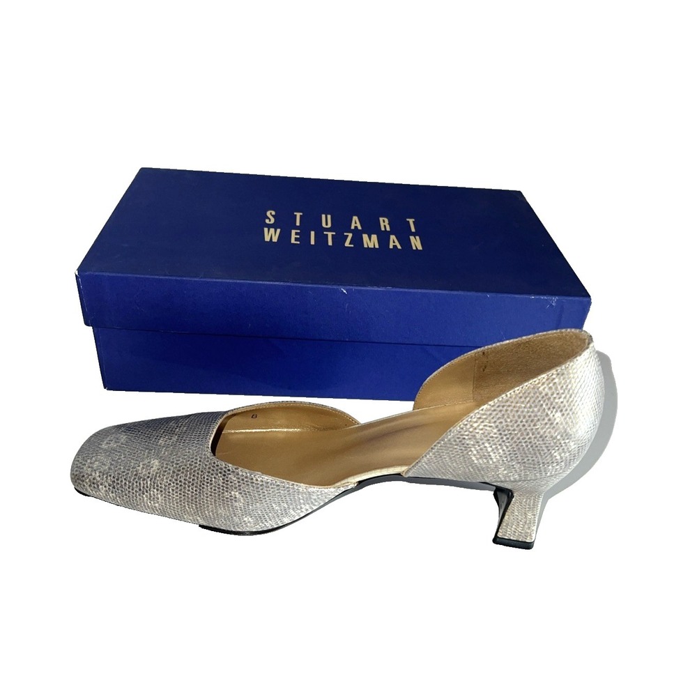 Stuart Weitzman Square Toe Cutout Block Heels Size 8 Beige Ecru Textured Leather